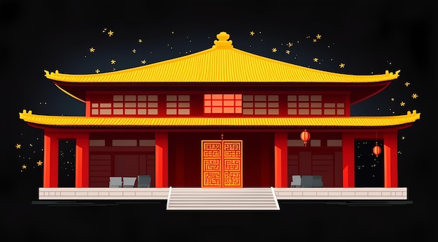 Um templo à noite com um telhado amarelo e uma porta vermelha