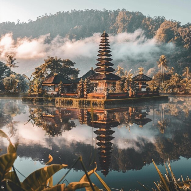 Foto um templo balinês no nascer do sol gerado pela ia