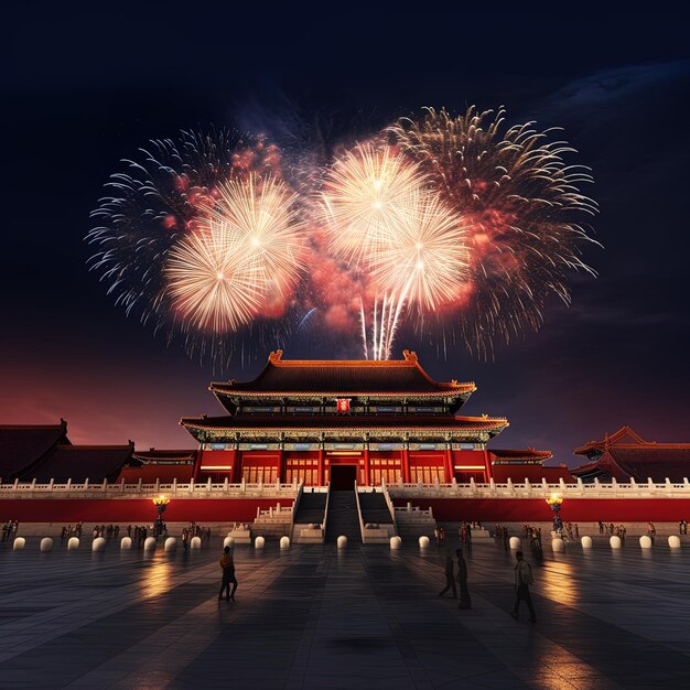 Foto um templo chinês com fogos de artifício ao fundo