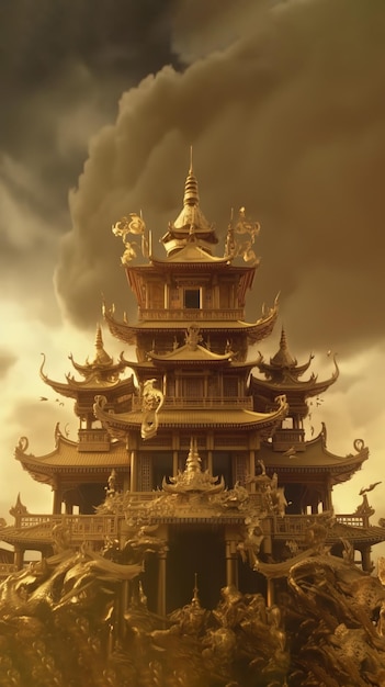 Um templo chinês com um céu nublado ao fundo