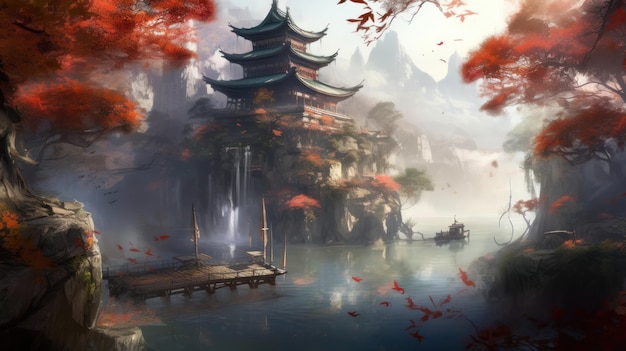 Um templo chinês em um lago com uma árvore vermelha ao fundo.