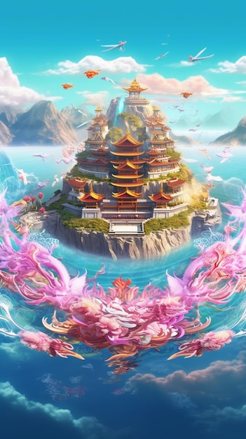 Um templo chinês na água com uma cena do mar ao fundo.