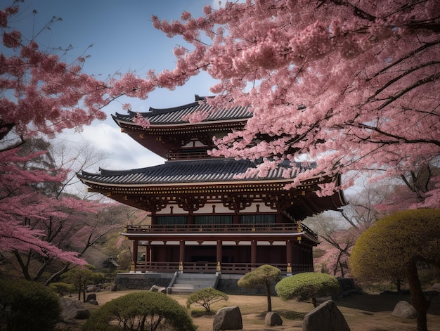 Um templo com flores cor de rosa em primeiro plano