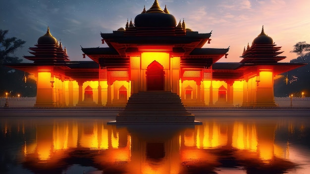 Um templo com um brilho laranja brilhante.