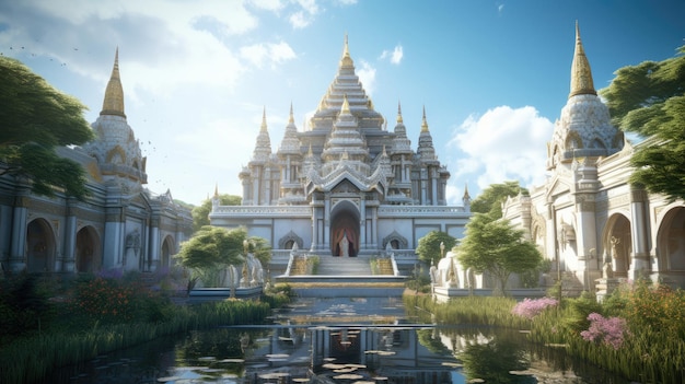 um templo com uma lagoa ao fundo