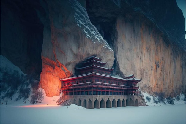 Um templo em uma caverna com uma montanha de neve ao fundo