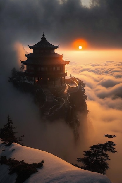 Um templo em uma montanha acima das nuvens