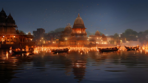 Um templo hindu de Vrindavan com lindas luzes e água gerada por Ai