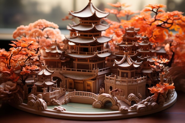 Um templo japonês de arte digital criado por papéis em quilling de ilustração estilo kirigami