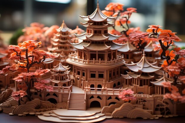 Um templo japonês de arte digital criado por papéis em quilling de ilustração estilo kirigami