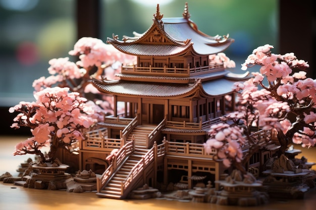 Um templo japonês de arte digital criado por papéis em quilling de ilustração estilo kirigami