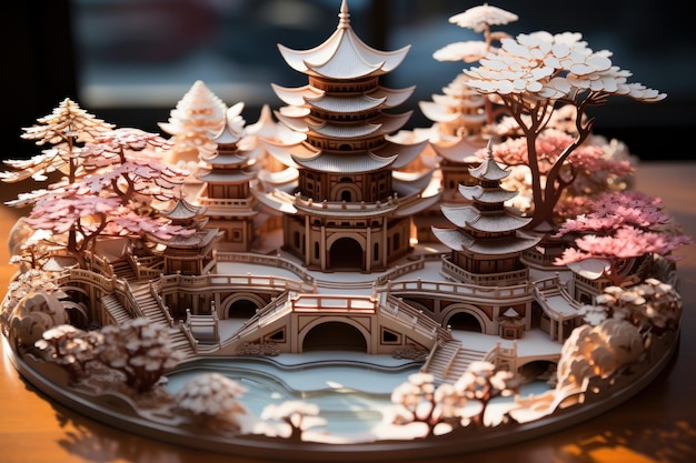 Um templo japonês de arte digital criado por papéis em quilling de ilustração estilo kirigami