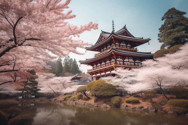 Um templo japonês em um jardim com flores cor de rosa