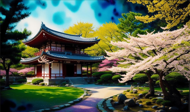 Um templo japonês em um parque com árvores e flores