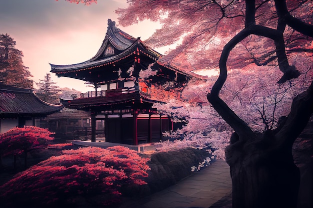 Um templo japonês em uma paisagem rosa