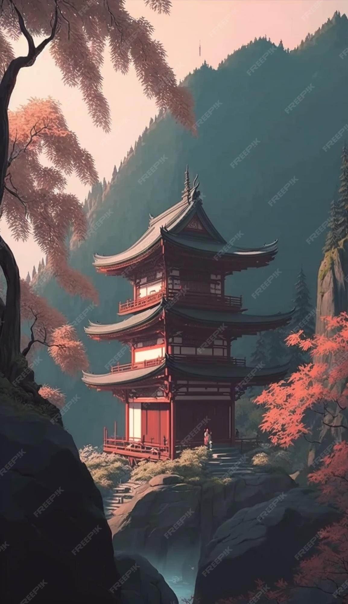 Templo Japonês Na Floresta. Ilustração Vetorial. Eps 10 Arquivo