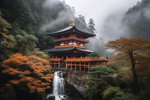 Um templo na floresta com uma cachoeira ao fundo