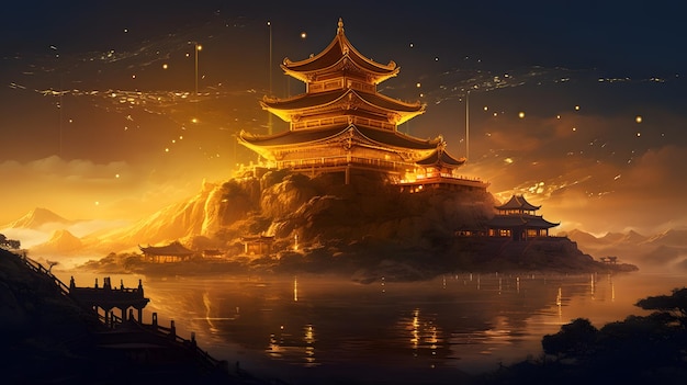 Um templo na margem de um lago com luzes e um fogo no céu