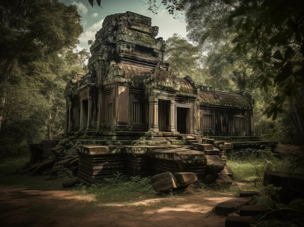 Um templo na selva com fundo verde.