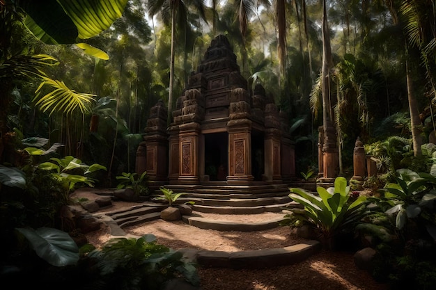 Um templo na selva com palmeiras e uma floresta tropical ao fundo.