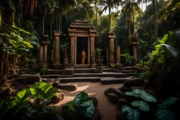 Um templo na selva com um homem parado na frente dele