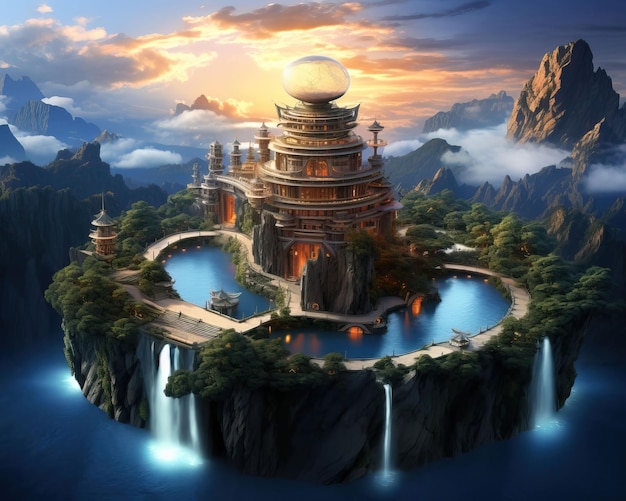 Um templo sobrenatural situado no topo de uma ilha flutuante que serve como ponto de encontro para avatares