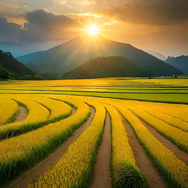 Um tempo de pôr do sol de campo dourado