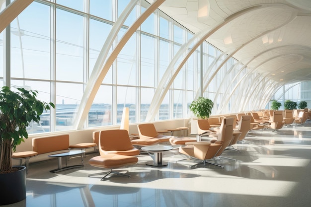 Um terminal de aeroporto moderno e elegante com grandes janelas perfeitas para ver aviões decolarem