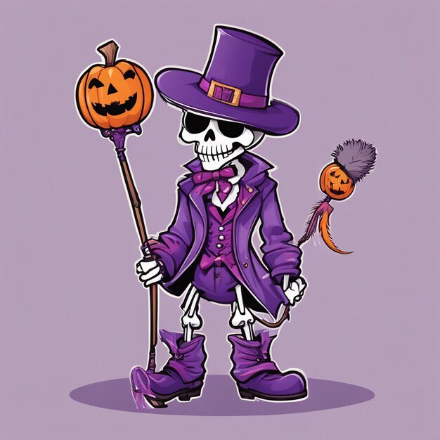 Um terno roxo de esqueleto na mão, vara e chapéu de mercadorias, design de camiseta, fundo de Halloween