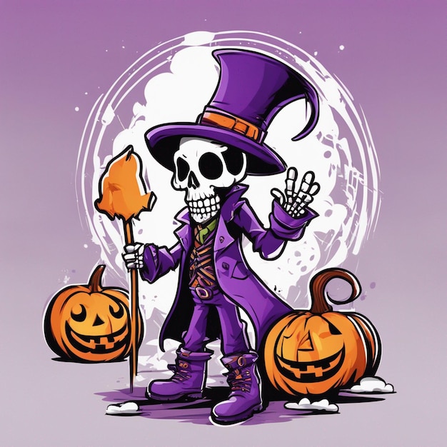 Um terno roxo de esqueleto na mão, vara e chapéu de mercadorias, design de camiseta, fundo de Halloween