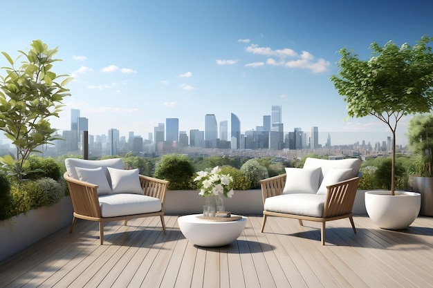 Um terraço de madeira de estilo moderno com IA generativa com vista para a cidade