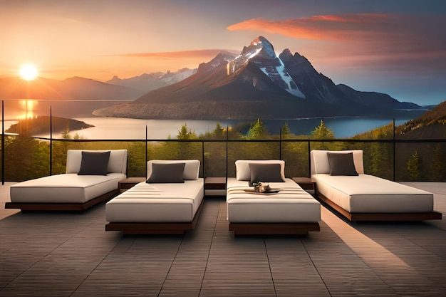 Um terraço na cobertura com vista para as montanhas e um lago.
