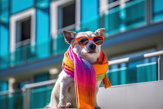 um terrier adorável usando um cachecol e óculos de sol de arco-íris sobre a varanda