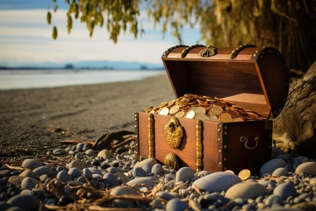 Foto um tesouro de madeira cheio de moedas de ouro numa praia de areia