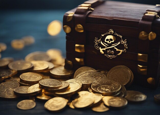 Um tesouro pirata com moedas de ouro.