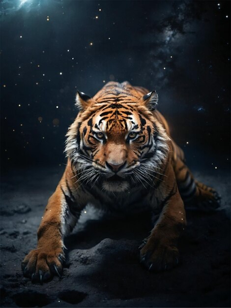 Foto um tigre agressivo flutuando pelo espaço noite escura estabelecendo estrelas no fundo de alta qualidade