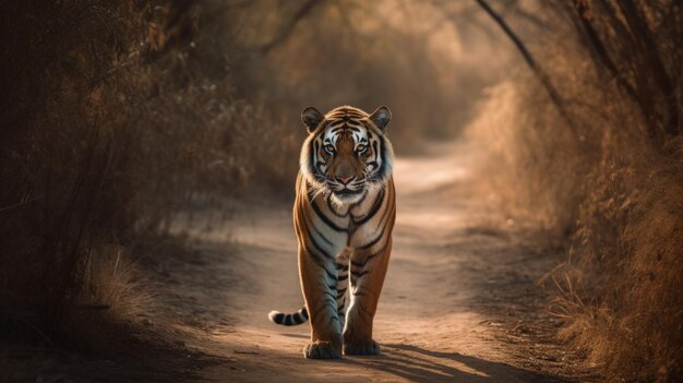 Um tigre andando em um caminho na Índia