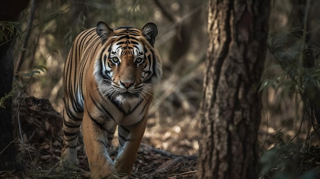 Um tigre andando por uma floresta