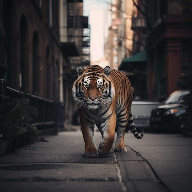 Um tigre andando por uma rua com um carro ao fundo.