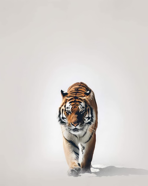 Um tigre andando sobre uma superfície branca com fundo branco.