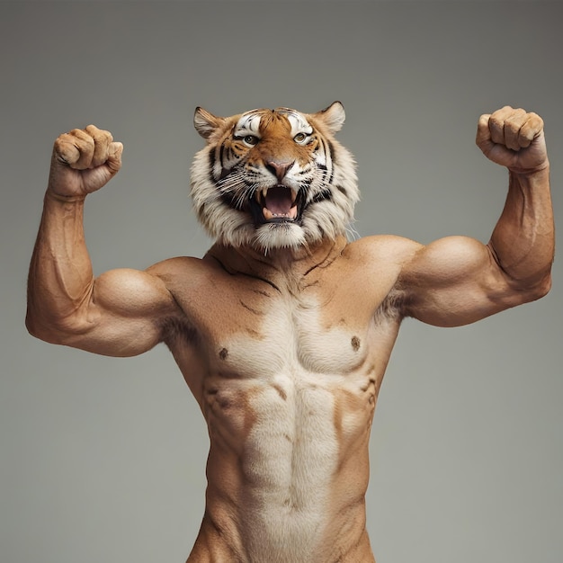 Um tigre antropomórfico com braços musculosos semelhantes aos humanos levantados em uma postura flexível contra um dorso plano