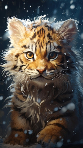 um tigre bonitinho na neve da noite da floresta