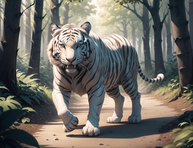 Um tigre branco andando na floresta