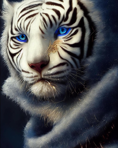 Um tigre branco com olhos azuis é mostrado.