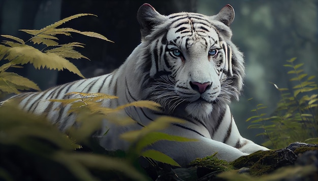 Um tigre branco com olhos azuis está na selva.