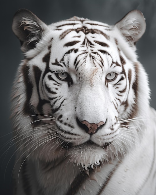 Um tigre branco com olhos castanhos e rosto preto e branco.