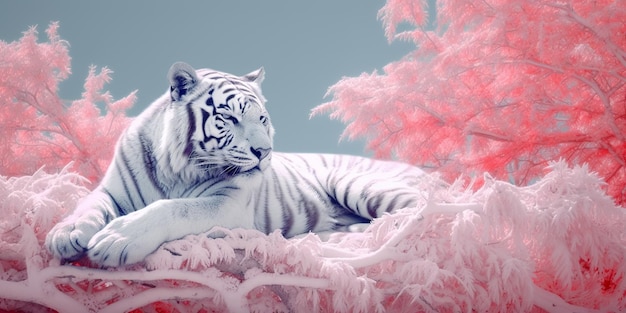 Um tigre branco contra o pano de fundo de um belo jardim de sakura Generative Ai