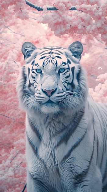 Um tigre branco contra o pano de fundo de um belo jardim de sakura Generative Ai