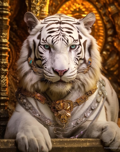 Um tigre branco de olhos azuis está sentado em um trono dourado.