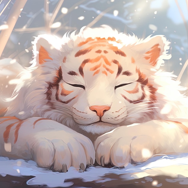 um tigre branco dormindo na neve com o sol brilhando em seu rosto